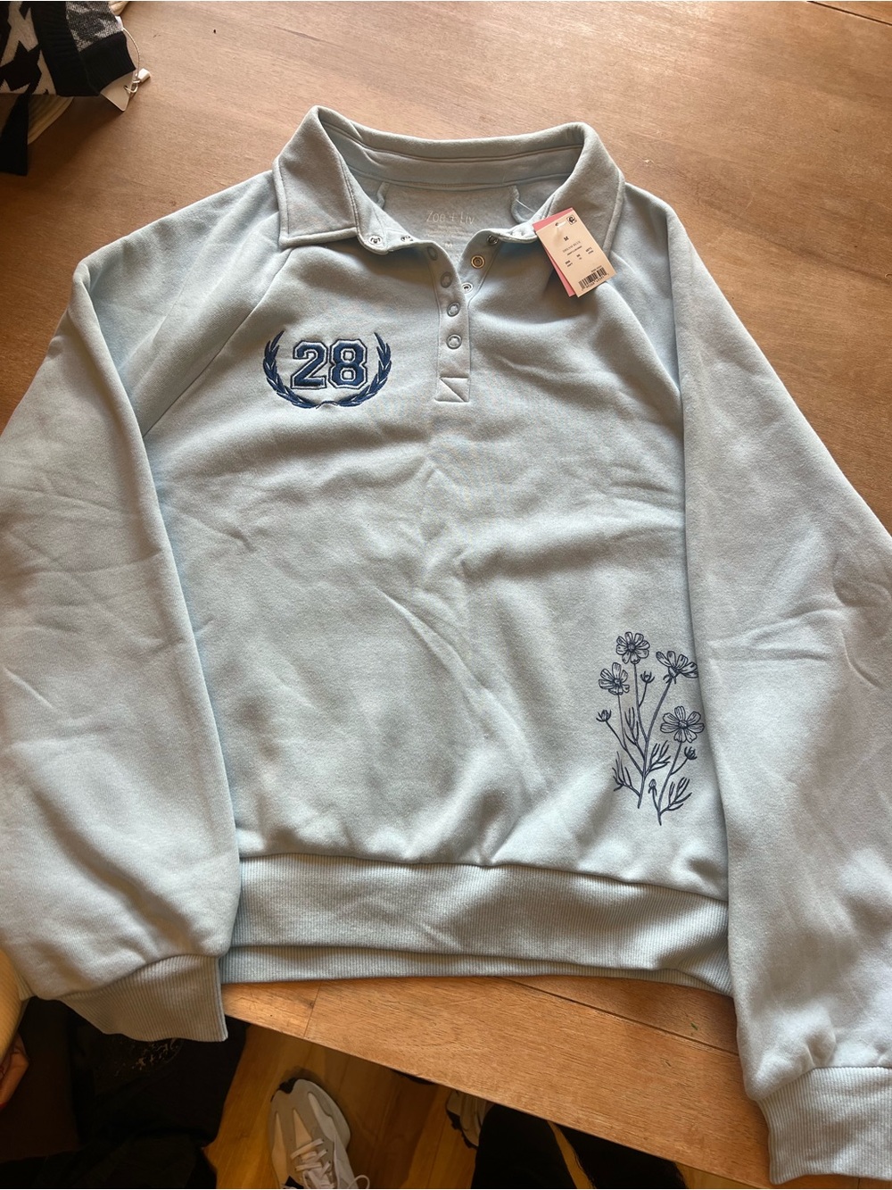 Zoe + Liv Light Blue Pullover Sweatshirt with Navy Embroidery